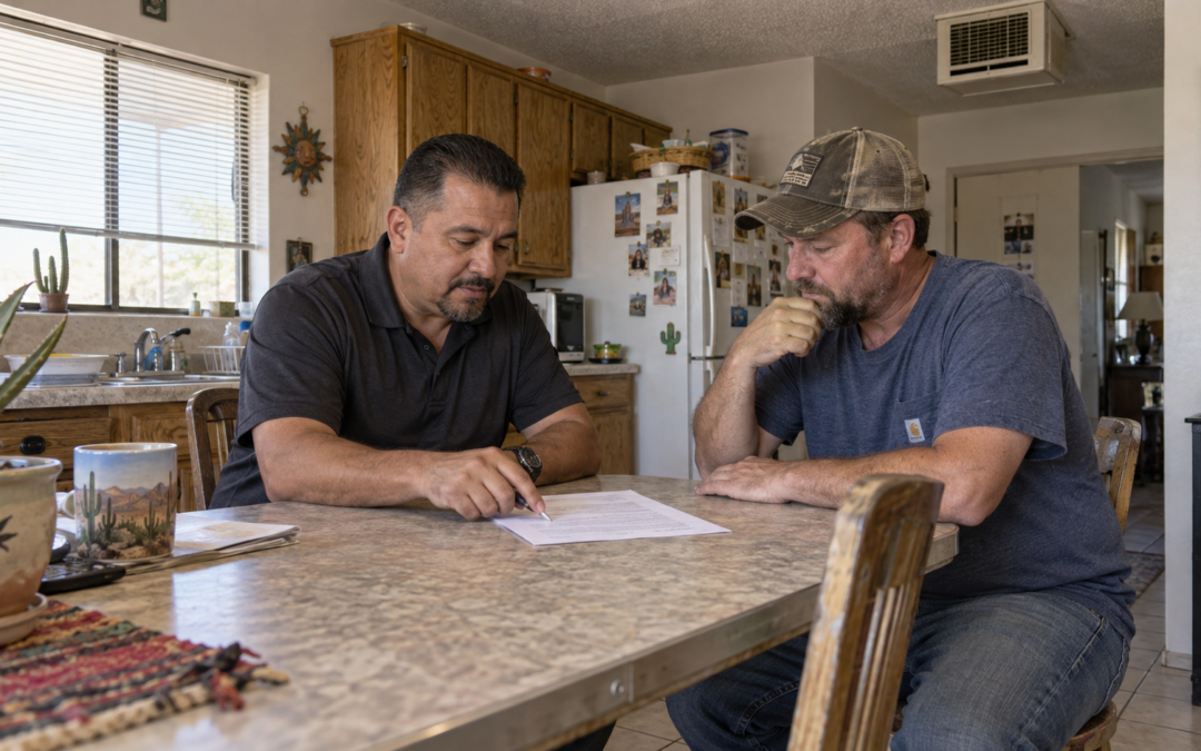 Phoenix homeowner reviewing a home purchase agreement with a local buyer
