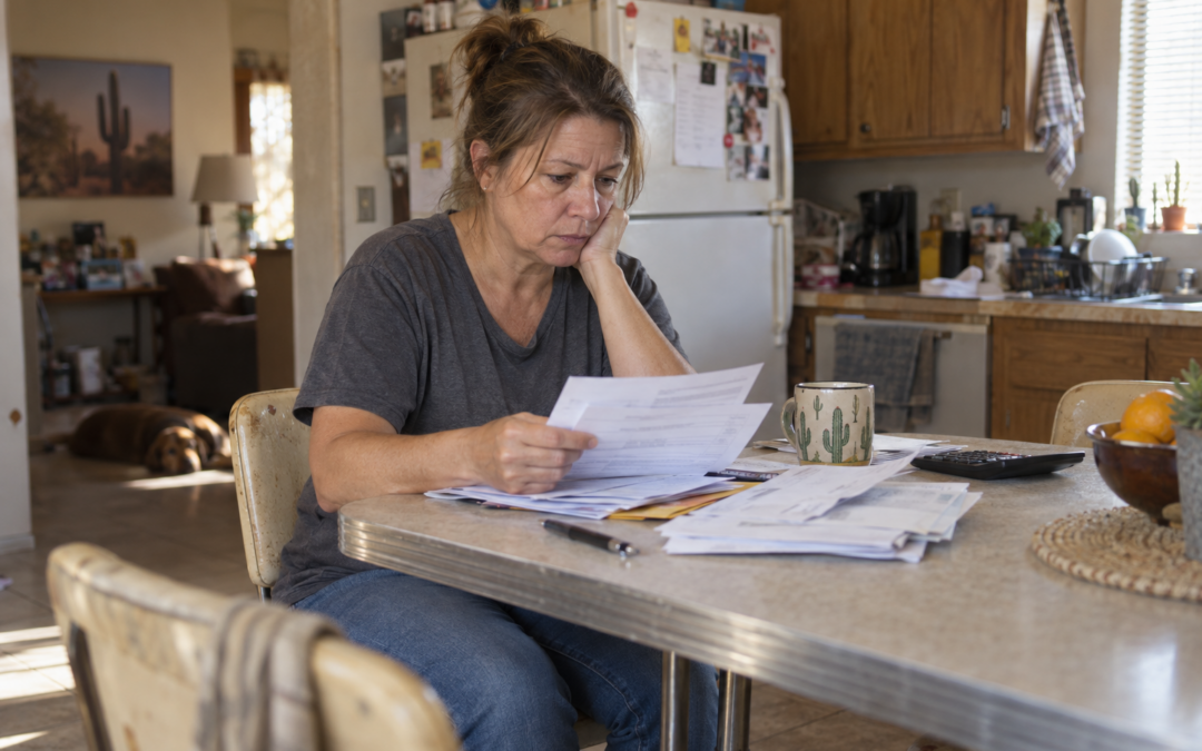 Arizona homeowner reviewing mortgage notices and household bills at her kitchen table