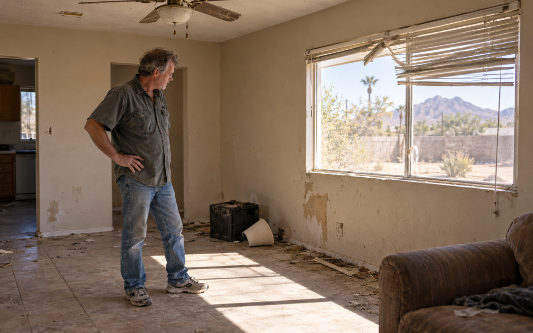 Arizona landlord inspecting a worn rental home after tenants moved out