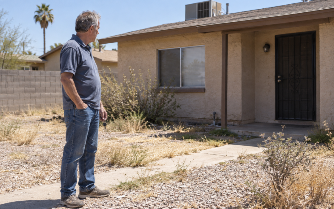 Everyday Phoenix homeowner checking his vacant stucco house and overgrown dry yard