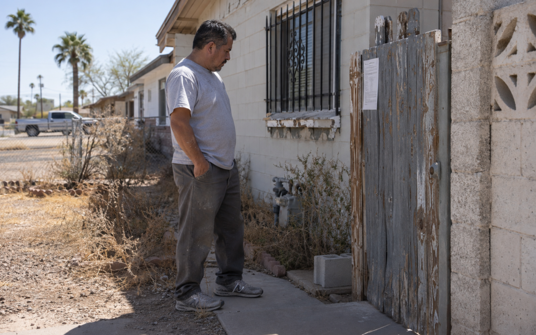 Phoenix homeowner reviewing a property notice outside an older block house with deferred maintenance